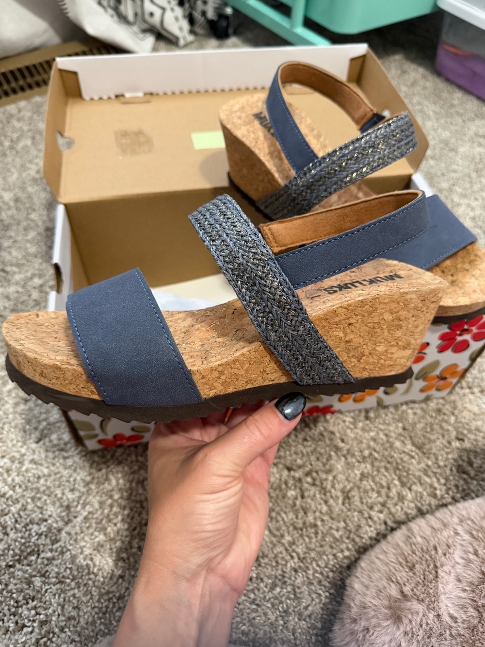 Muk Luks Blue Cork Wedge Sandals with Braided Strap